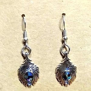 Peacock feather silver earrings